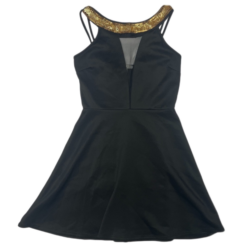 Charlotte Russe size small black and gold high neck half backless mini dress